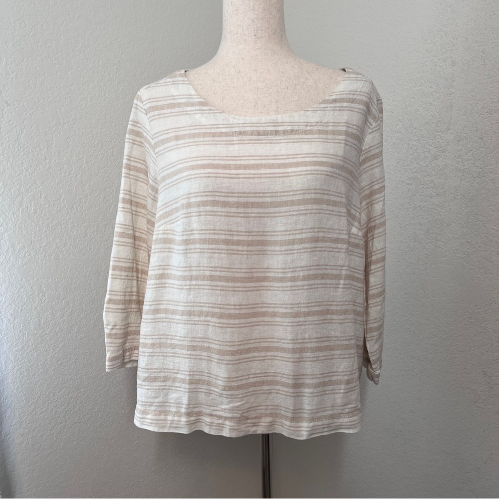 Sigrid Olsen Womens Linen Top Size XL Beige Striped Long Sleeve Boxy